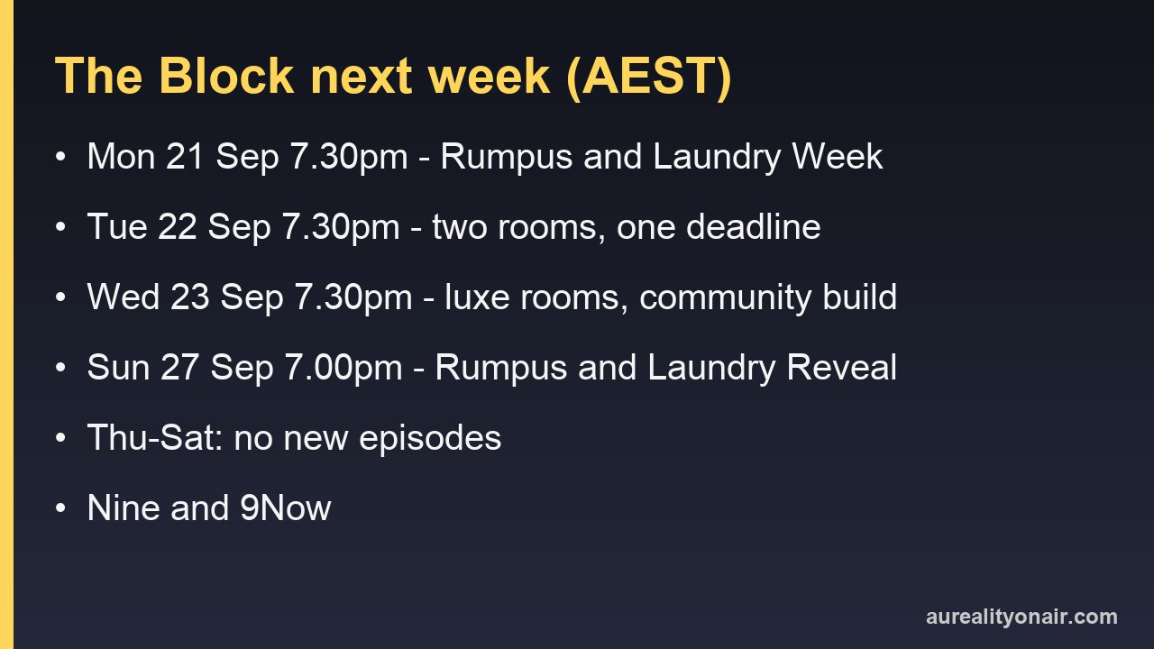 Card listing The Block's four episodes from 21 to 27 September with AEST times