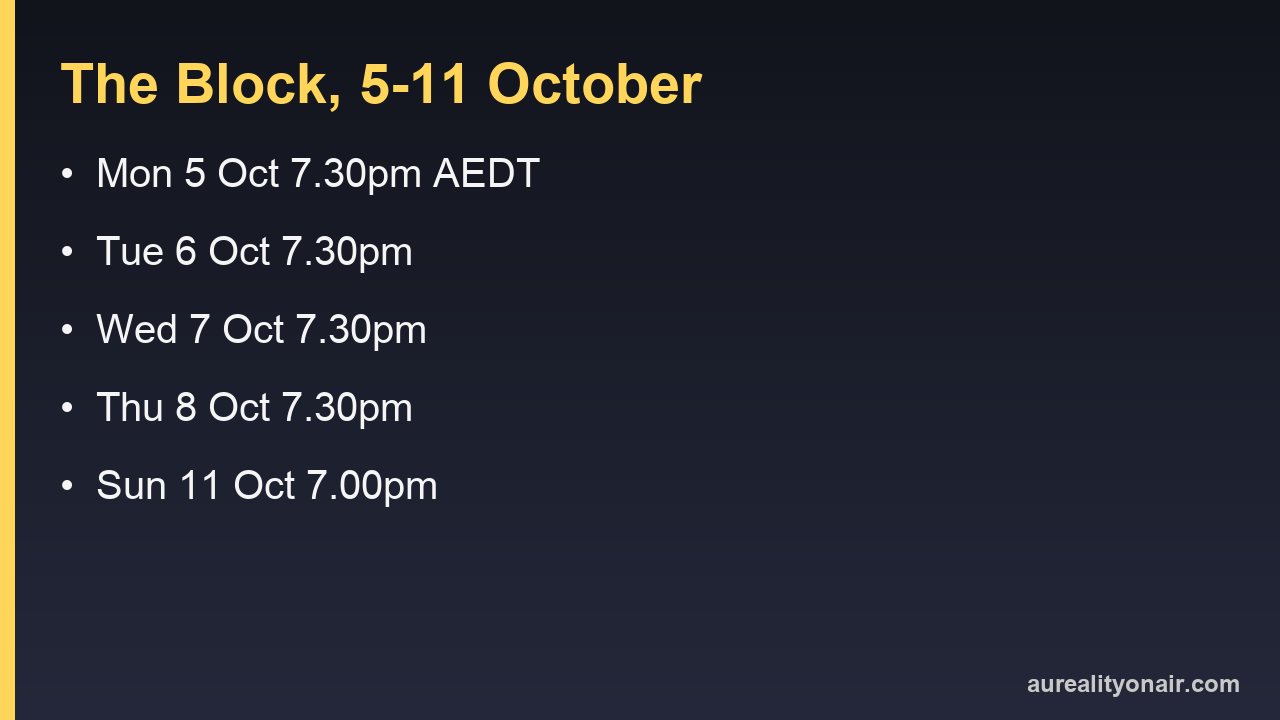 Card listing The Block's nights from 5 to 11 October 2026