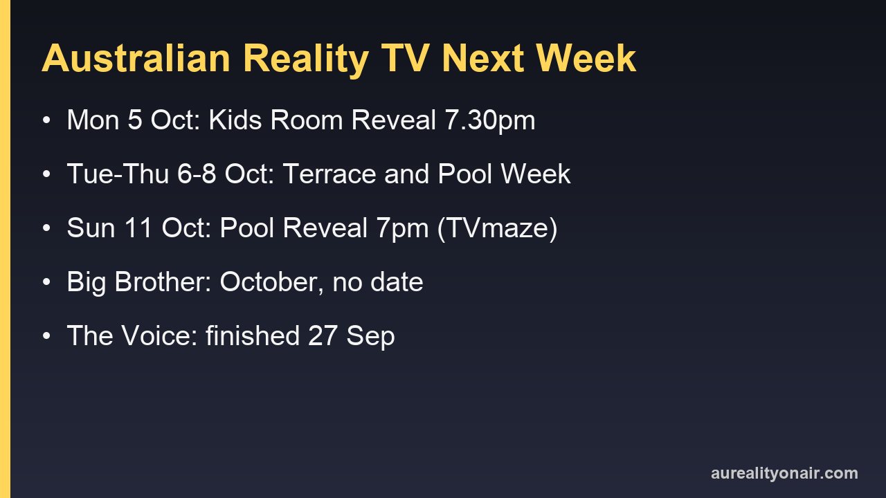 Australian Reality TV Next Week (5–11 October, 2026): Block Mon–Thu, Sunday Reveal