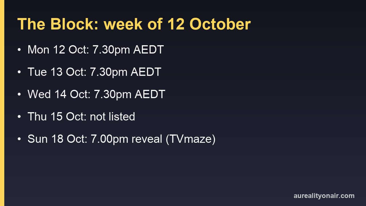 Card listing The Block's nights from 12 to 18 October 2026