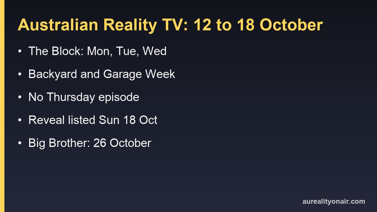 Australian Reality TV Next Week (12–18 October, 2026): Block Mon–Wed, No Thursday Episode