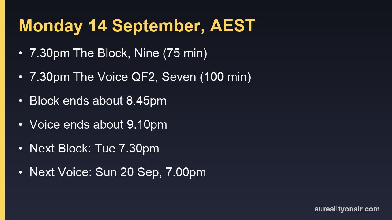 Information card with tonight's reality TV times on Monday 14 September