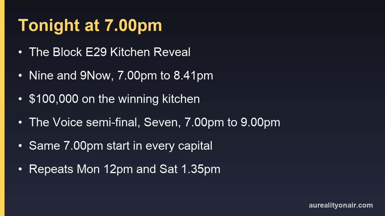 Card listing tonight's start and finish times for The Block and The Voice on Sunday 20 September 2026