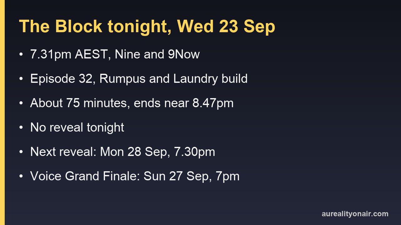The Block tonight, Wednesday 23 September 2026: 7.31pm on Nine, episode 32