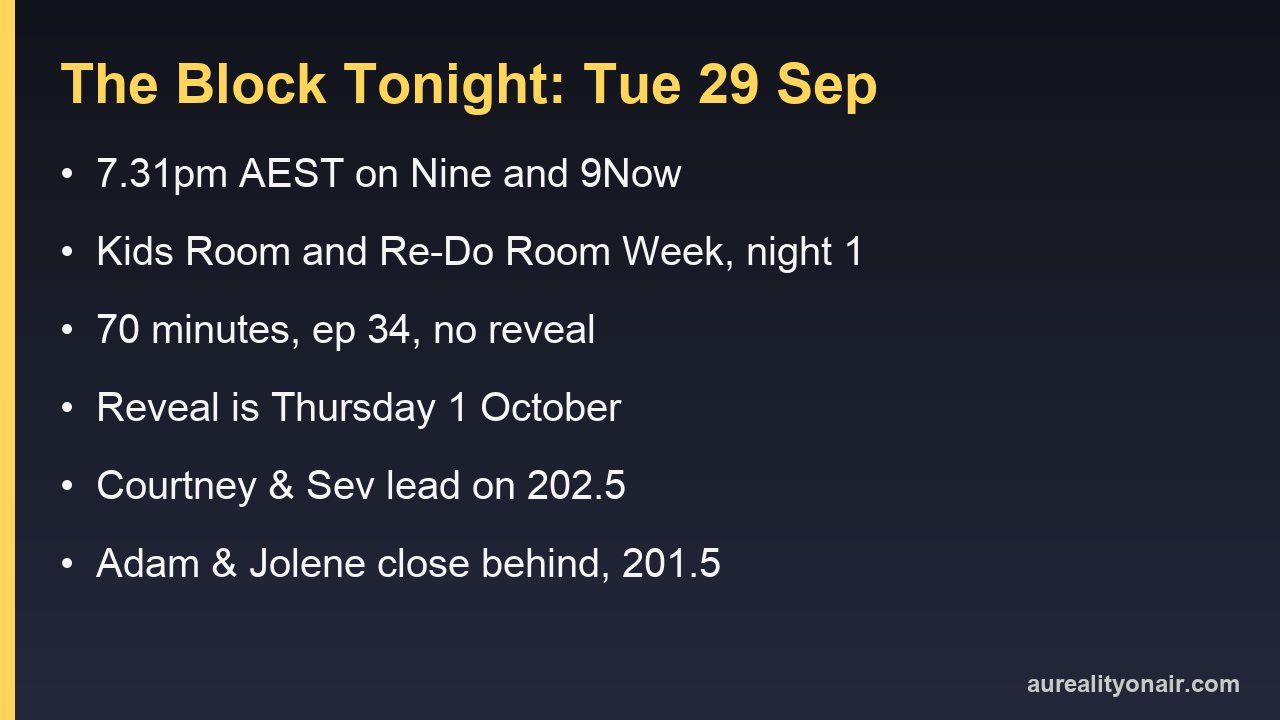 The Block tonight, Tuesday 29 September 2026: 7.31pm on Nine, night one of Kids Room and Re-Do Room Week