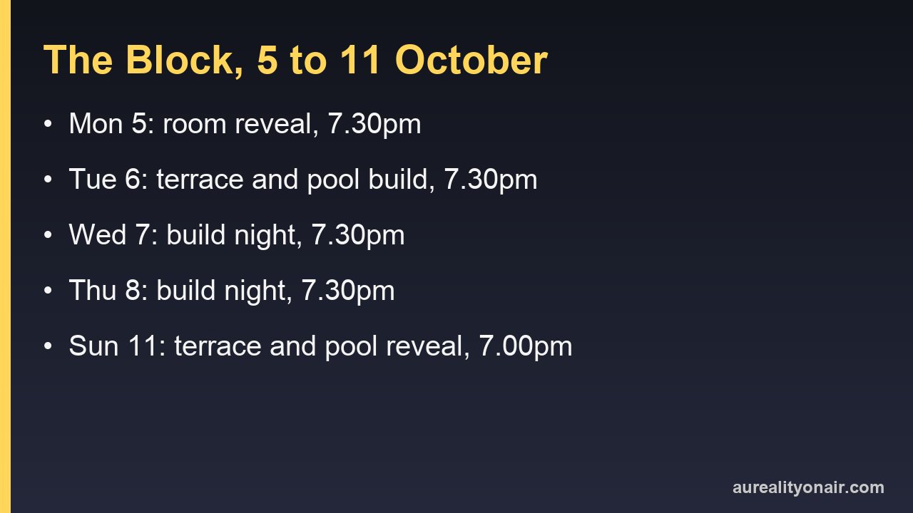 The Block on Nine from 5 to 11 October 2026: Monday reveal, three build nights and a Sunday reveal