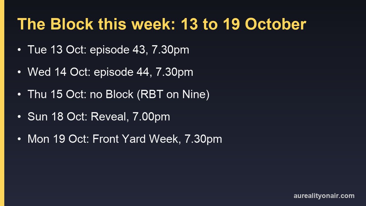 Card listing The Block's episodes from Tuesday 13 to Monday 19 October 2026