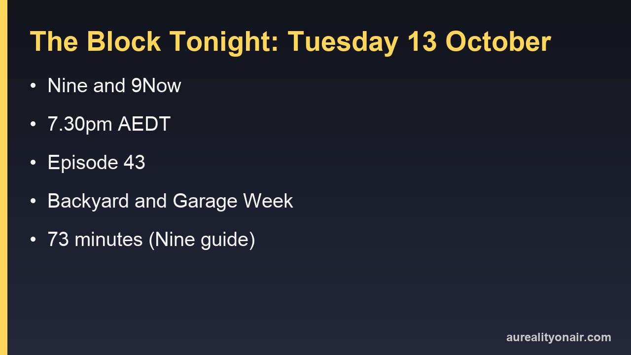 Is The Block On Tonight? Tuesday 13 October: Backyard and Garage Week, Episode 43