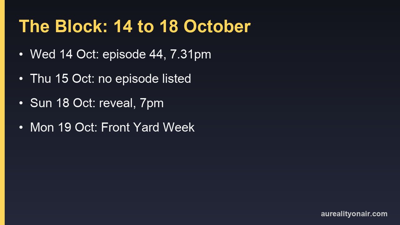 Card listing The Block's episodes from Wednesday 14 to Monday 19 October 2026