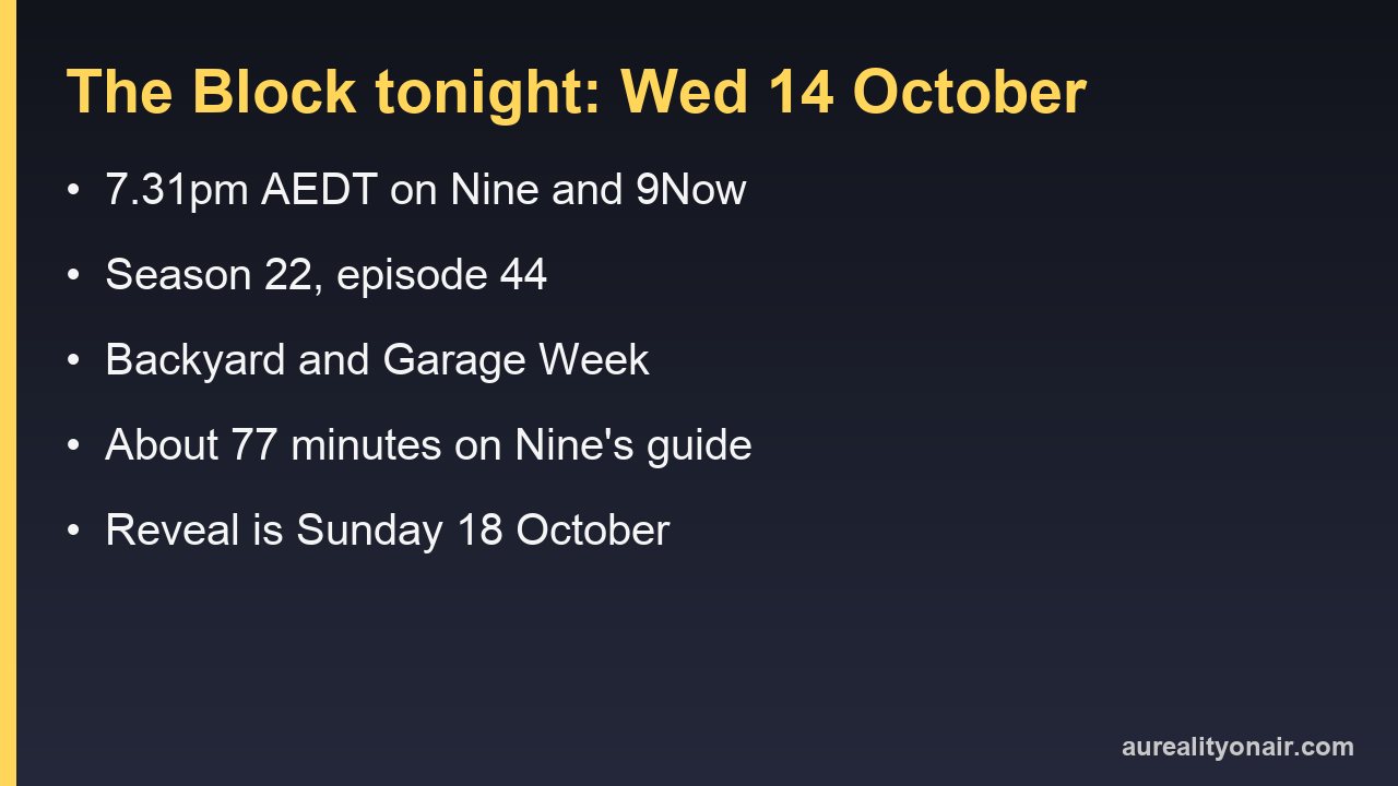 Is The Block On Tonight? Wednesday 14 October: Backyard and Garage Week, Episode 44