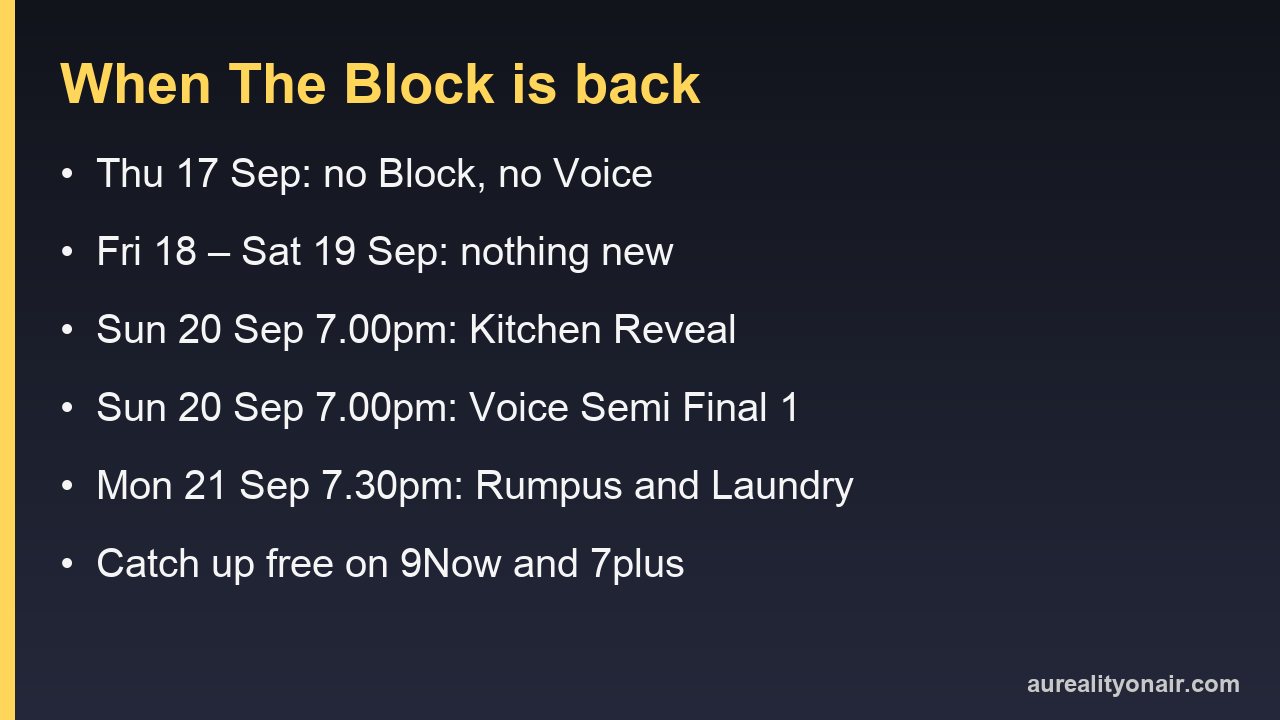 Card listing when The Block and The Voice return after Thursday 17 September 2026