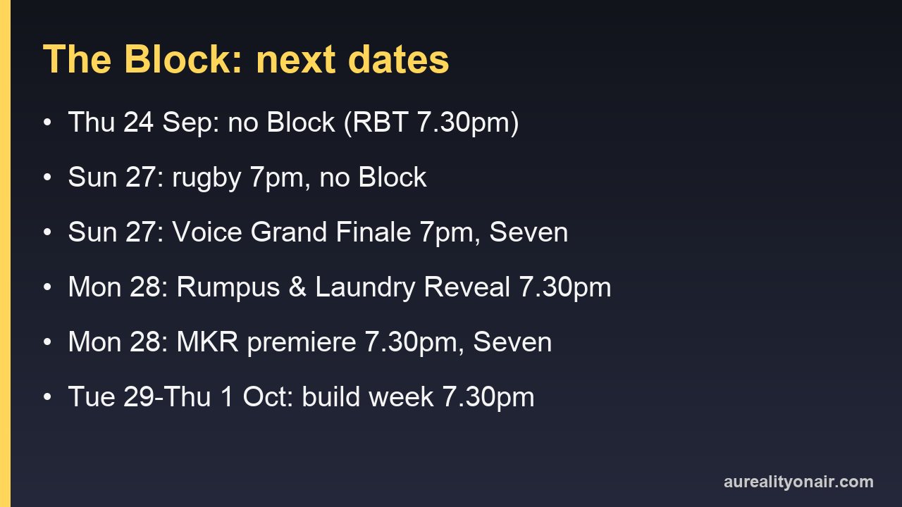 The Block's next dates after Thursday 24 September 2026, with the Voice finale and MKR premiere