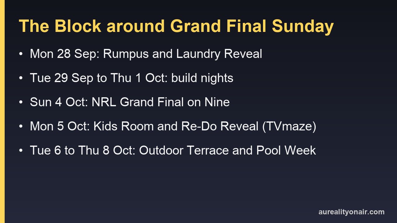 The Block schedule around the NRL Grand Final, 28 September to 8 October 2026